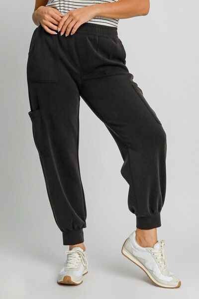 Umgee Full Size Mineral Washed Elastic Waist Cargo Pants Plus Size - Damned Threads